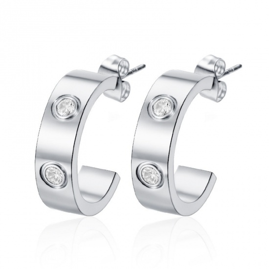 Immagine di Squisito Elegante Orecchini Ad Anello Abbraccio All'Ingrosso, Forma di C Trasparente Strass Tono Argento 304 Acciaio Inossidabile, Donne Ecologico Regalo Fornitura di Gioielli, 20mm x 5.7mm, 1 Paio