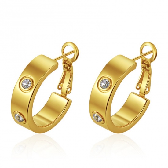 Immagine di Squisito Elegante Orecchini Ad Anello Abbraccio All'Ingrosso, Tondo Trasparente Strass Placcato Oro 18K 304 Acciaio Inossidabile, Donne Ecologico Regalo Fornitura di Gioielli, 20mm x 5.7mm, 1 Paio