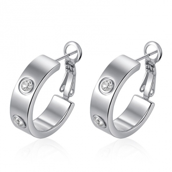 Immagine di Squisito Elegante Orecchini Ad Anello Abbraccio All'Ingrosso, Tondo Trasparente Strass Tono Argento 304 Acciaio Inossidabile, Donne Ecologico Regalo Fornitura di Gioielli, 20mm x 5.7mm, 1 Paio