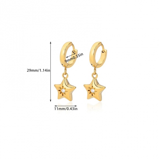 Immagine di Squisito Elegante Orecchini Circolari All'Ingrosso, Stella a Cinque Punte Trasparente Strass Placcato Oro 18K 304 Acciaio Inossidabile, Donne Placcatura Sottovuoto Regalo Fornitura di Gioielli, 29mm x 11mm, 1 Paio