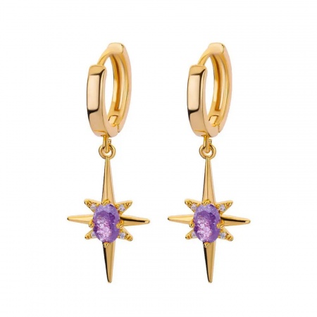 Picture of Wholesale Exquisite Stylish Hoop Earrings, Star Purple Rhinestone 18K Gold Plated 304 Stainless Steel, Women's Vacuum Plating Gift Jewelry Supply, 30mm x 12mm, 1 Pair