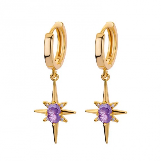 Immagine di Squisito Elegante Orecchini Circolari All'Ingrosso, Stella Ametista Strass Placcato Oro 18K 304 Acciaio Inossidabile, Donne Placcatura Sottovuoto Regalo Fornitura di Gioielli, 30mm x 12mm, 1 Paio