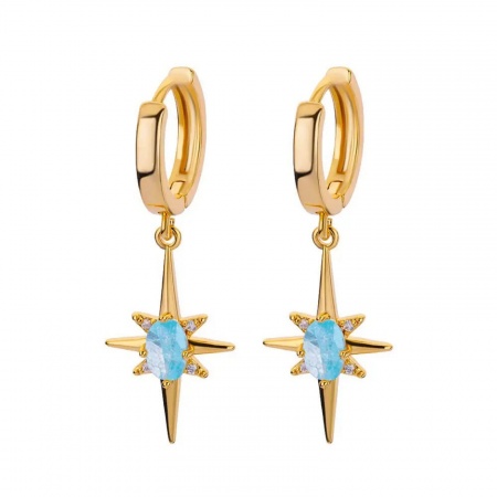 Picture of Wholesale Exquisite Stylish Hoop Earrings, Star Lake Blue Rhinestone 18K Gold Plated 304 Stainless Steel, Women's Vacuum Plating Gift Jewelry Supply, 30mm x 12mm, 1 Pair