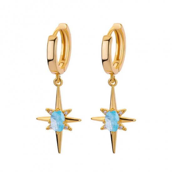 Immagine di Squisito Elegante Orecchini Circolari All'Ingrosso, Stella Lago Blu Strass Placcato Oro 18K 304 Acciaio Inossidabile, Donne Placcatura Sottovuoto Regalo Fornitura di Gioielli, 30mm x 12mm, 1 Paio