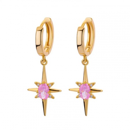 Picture of Wholesale Exquisite Stylish Hoop Earrings, Star Pink Rhinestone 18K Gold Plated 304 Stainless Steel, Women's Vacuum Plating Gift Jewelry Supply, 30mm x 12mm, 1 Pair