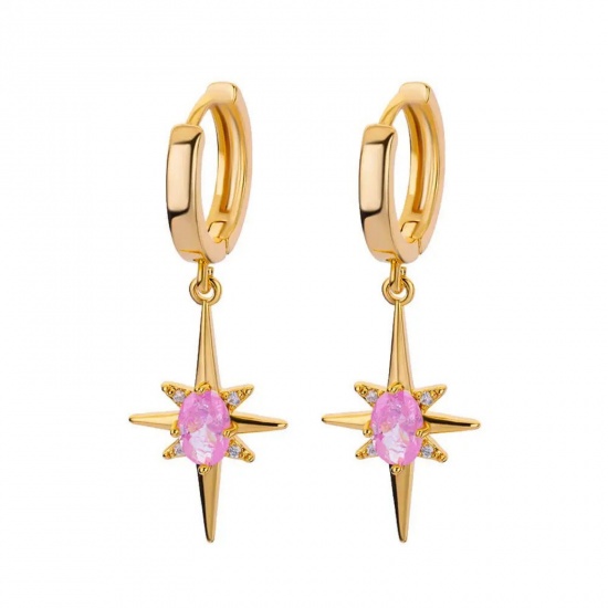 Immagine di Squisito Elegante Orecchini Circolari All'Ingrosso, Stella Roso Strass Placcato Oro 18K 304 Acciaio Inossidabile, Donne Placcatura Sottovuoto Regalo Fornitura di Gioielli, 30mm x 12mm, 1 Paio