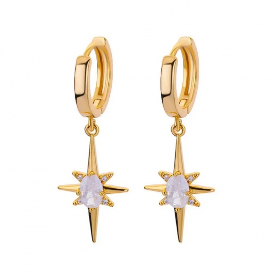 Immagine di Squisito Elegante Orecchini Circolari All'Ingrosso, Stella Trasparente Strass Placcato Oro 18K 304 Acciaio Inossidabile, Donne Placcatura Sottovuoto Regalo Fornitura di Gioielli, 30mm x 12mm, 1 Paio