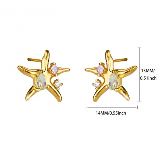 Immagine di Squisito Elegante Orecchini a Perno All'Ingrosso, Stella Marina Trasparente Strass Placcato Oro 18K 304 Acciaio Inossidabile, Donne Placcatura Sottovuoto Regalo Fornitura di Gioielli, 14mm x 13mm, 1 Paio