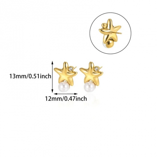 Immagine di Squisito Elegante Orecchini a Perno All'Ingrosso, Stella Marina Bianco Imitata Perla Placcato Oro 18K 304 Acciaio Inossidabile, Donne Placcatura Sottovuoto Regalo Fornitura di Gioielli, 13mm x 12mm, 1 Paio