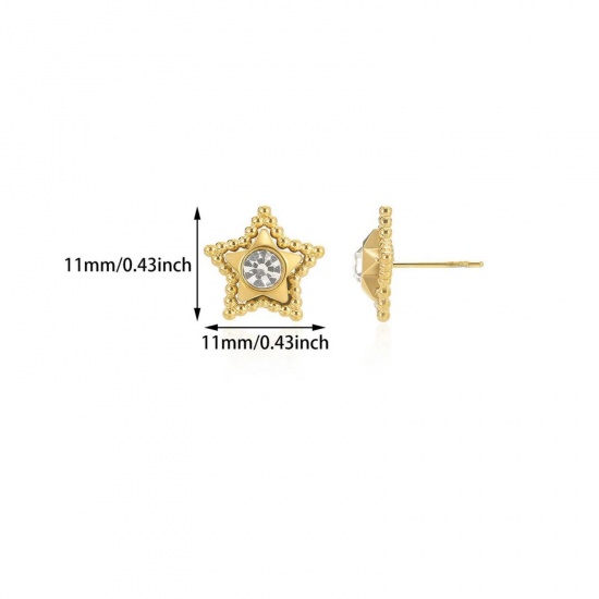 Immagine di Squisito Elegante Orecchini a Perno All'Ingrosso, Stella Trasparente Strass Placcato Oro 18K 304 Acciaio Inossidabile, Donne Placcatura Sottovuoto Regalo Fornitura di Gioielli, 11mm x 11mm, 1 Paio
