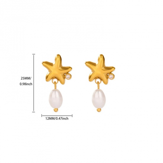 Immagine di Squisito Elegante Orecchini a Perno All'Ingrosso, Stella Marina Bianco Imitata Perla Placcato Oro 18K 304 Acciaio Inossidabile, Donne Placcatura Sottovuoto Regalo Fornitura di Gioielli, 25mm x 12mm, 1 Paio