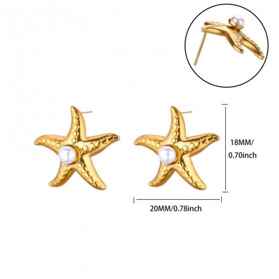 Immagine di Squisito Elegante Orecchini a Perno All'Ingrosso, Stella Marina Bianco Imitata Perla Placcato Oro 18K 304 Acciaio Inossidabile, Donne Placcatura Sottovuoto Regalo Fornitura di Gioielli, 20mm x 18mm, 1 Paio