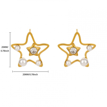 Picture of Wholesale Exquisite Stylish Ear Post Stud Earrings, Pentagram Star Clear Rhinestone White Imitation Pearl 18K Gold Plated 304 Stainless Steel, Women's Vacuum Plating Gift Jewelry Supply, 20mm x 20mm, 1 Pair