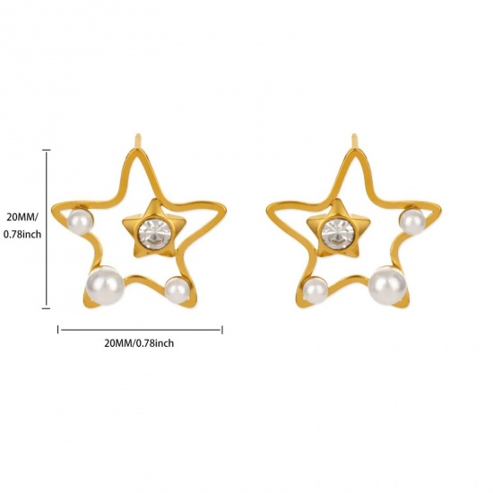 Immagine di Squisito Elegante Orecchini a Perno All'Ingrosso, Stella a Cinque Punte Trasparente Strass Bianco Imitata Perla Placcato Oro 18K 304 Acciaio Inossidabile, Donne Placcatura Sottovuoto Regalo Fornitura di Gioielli, 20mm x 20mm, 1 Paio