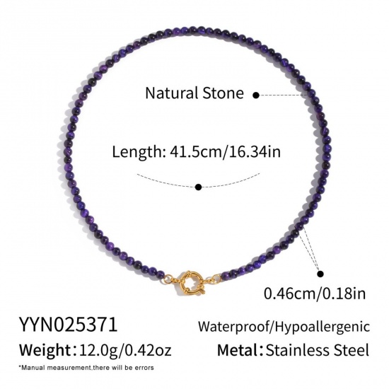 Immagine di Viola Scuro Collana di Perline All'Ingrosso, Placcato Oro 18K 304 Acciaio Inossidabile & Gemma, Donne PVD Ecologica Retrò Boemia Regalo Gioielli Per Rivenditore, 41.5cm Lunghezza, 1 Pz