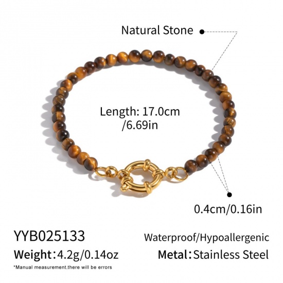 Immagine di Marrone 304 Acciaio Inossidabile & Gemma Braccialetti con Perline All'Ingrosso, Placcato Oro 18K PVD Ecologica, Donne Retrò Boemia Regalo Fornitura di Gioielli, 17cm Lunghezza, 1 Pz