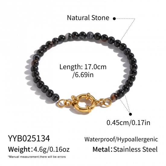 Immagine di Nero 304 Acciaio Inossidabile & Gemma Braccialetti con Perline All'Ingrosso, Placcato Oro 18K PVD Ecologica, Donne Retrò Boemia Regalo Fornitura di Gioielli, 17cm Lunghezza, 1 Pz