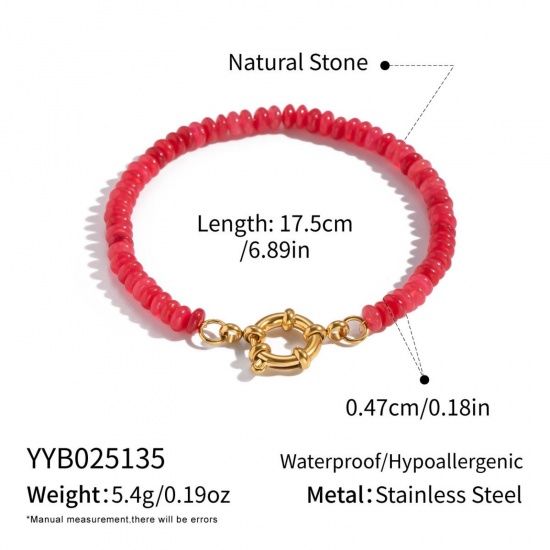 Immagine di Rosso 304 Acciaio Inossidabile & Gemma Braccialetti con Perline All'Ingrosso, Placcato Oro 18K PVD Ecologica, Donne Retrò Boemia Regalo Fornitura di Gioielli, 17.5cm Lunghezza, 1 Pz