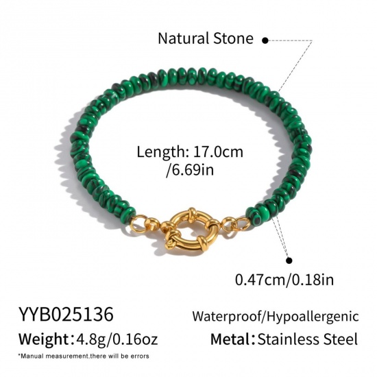 Immagine di Verde 304 Acciaio Inossidabile & Gemma Braccialetti con Perline All'Ingrosso, Placcato Oro 18K PVD Ecologica, Donne Retrò Boemia Regalo Fornitura di Gioielli, 17cm Lunghezza, 1 Pz