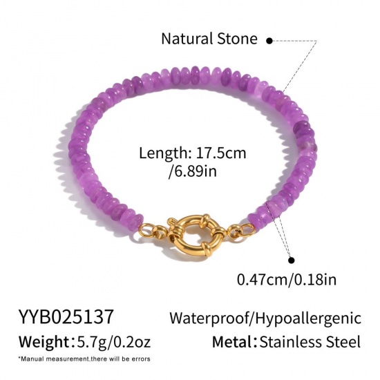 Immagine di Colore Viola 304 Acciaio Inossidabile & Gemma Braccialetti con Perline All'Ingrosso, Placcato Oro 18K PVD Ecologica, Donne Retrò Boemia Regalo Fornitura di Gioielli, 17.5cm Lunghezza, 1 Pz