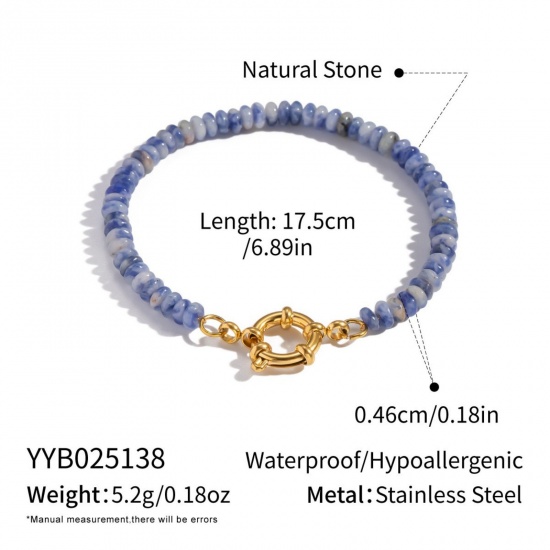 Immagine di Blu 304 Acciaio Inossidabile & Gemma Braccialetti con Perline All'Ingrosso, Placcato Oro 18K PVD Ecologica, Donne Retrò Boemia Regalo Fornitura di Gioielli, 17.5cm Lunghezza, 1 Pz