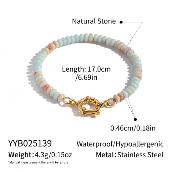 Immagine di Blu Chiaro 304 Acciaio Inossidabile & Gemma Braccialetti con Perline All'Ingrosso, Placcato Oro 18K PVD Ecologica, Donne Retrò Boemia Regalo Fornitura di Gioielli, 17cm Lunghezza, 1 Pz