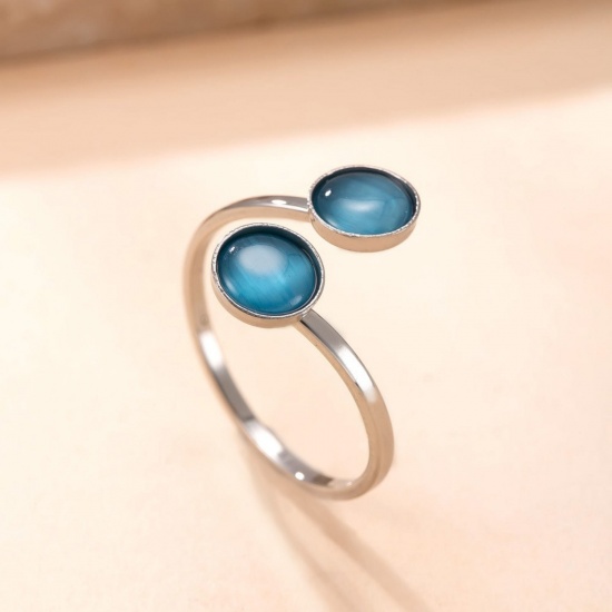 Immagine di Donne Regalo Blu Aperto Regolabile Anello All'Ingrosso, Tono Argento 304 Acciaio Inossidabile & Gemma, Ecologico Squisito Retrò Fornitura di Gioielli, 18mm (taglia di US: 7.75), 1 Pz