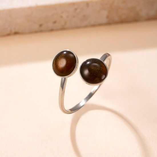 Immagine di Donne Regalo Marrone Aperto Regolabile Anello All'Ingrosso, Tono Argento 304 Acciaio Inossidabile & Gemma, Ecologico Squisito Retrò Fornitura di Gioielli, 18mm (taglia di US: 7.75), 1 Pz