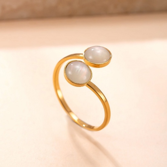 Immagine di Donne Regalo Bianco Aperto Regolabile Anello All'Ingrosso, Placcato Oro 18K 304 Acciaio Inossidabile & Gemma, Placcatura Sottovuoto Squisito Retrò Fornitura di Gioielli, 18mm (taglia di US: 7.75), 1 Pz