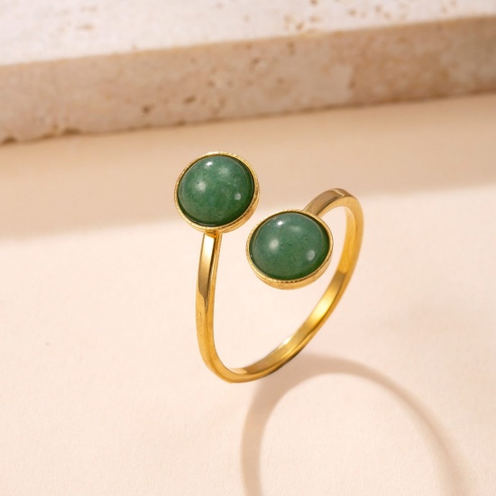 Immagine di Donne Regalo Verde Aperto Regolabile Anello All'Ingrosso, Placcato Oro 18K 304 Acciaio Inossidabile & Gemma, Placcatura Sottovuoto Squisito Retrò Fornitura di Gioielli, 18mm (taglia di US: 7.75), 1 Pz