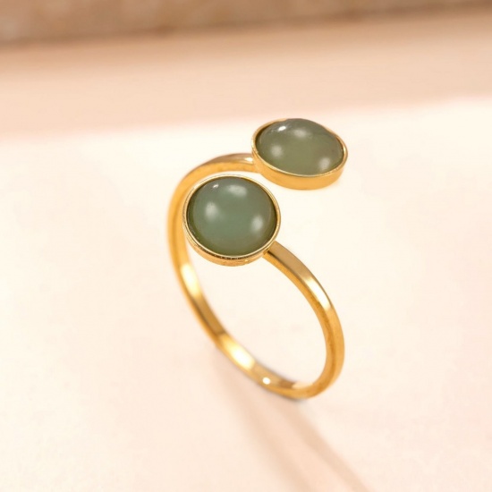 Immagine di Donne Regalo Verde Chiaro Aperto Regolabile Anello All'Ingrosso, Placcato Oro 18K 304 Acciaio Inossidabile & Gemma, Placcatura Sottovuoto Squisito Retrò Fornitura di Gioielli, 18mm (taglia di US: 7.75), 1 Pz
