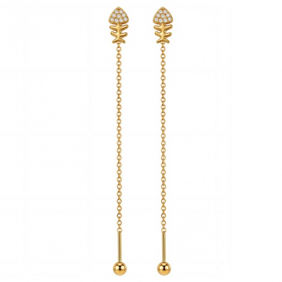 Picture of Wholesale Ins Style Stylish Ear Thread Threader Earrings, Fish Bone Clear Rhinestone 24K Gold Plated 304 Stainless Steel, Women's Eco-friendly Gift Jewelry Supply, 8cm, 1 Pair