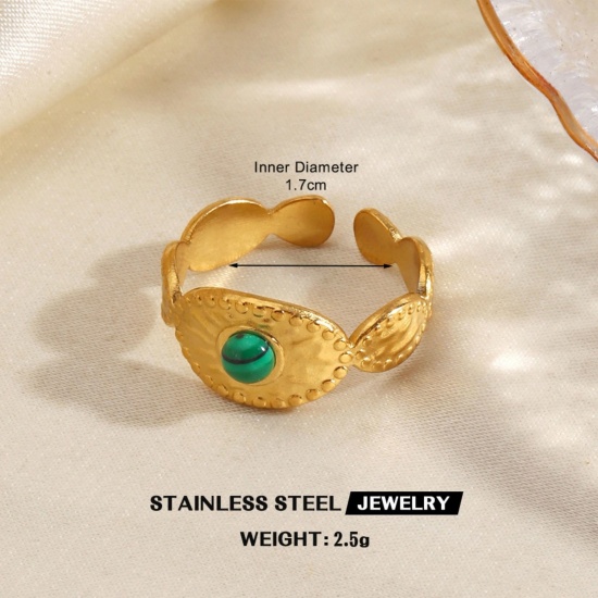 Immagine di Donne Regalo Verde Aperto Regolabile Anello All'Ingrosso, Placcato Oro 18K 304 Acciaio Inossidabile & Gemma, PVD Ecologica Stile Ins Elegante Fornitura di Gioielli, 18mm (taglia di US: 7.75), 1 Pz