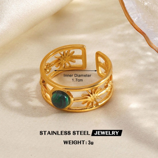 Immagine di Donne Regalo Verde Aperto Regolabile Anello All'Ingrosso, Placcato Oro 18K 304 Acciaio Inossidabile & Gemma, PVD Ecologica Stile Ins Elegante Fornitura di Gioielli, 18mm (taglia di US: 7.75), 1 Pz