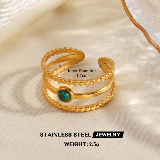 Immagine di Donne Regalo Verde Aperto Regolabile Anello All'Ingrosso, Placcato Oro 18K 304 Acciaio Inossidabile & Gemma, PVD Ecologica Stile Ins Elegante Fornitura di Gioielli, 18mm (taglia di US: 7.75), 1 Pz