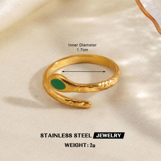 Immagine di Donne Regalo Serpente Verde Smalto Aperto Regolabile Anello All'Ingrosso, Placcato Oro 18K 304 Acciaio Inossidabile, PVD Ecologica Stile Ins Elegante Fornitura di Gioielli, 18mm (taglia di US: 7.75), 1 Pz