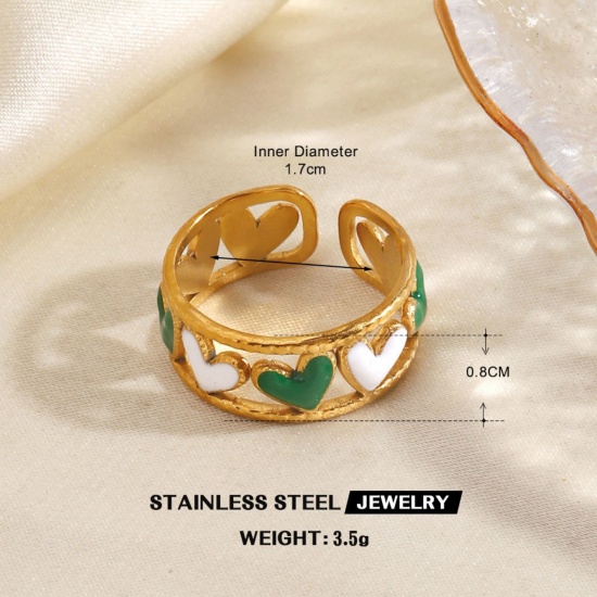 Immagine di Donne Regalo Cuore Bianco & Verde Smalto Aperto Regolabile Anello All'Ingrosso, Placcato Oro 18K 304 Acciaio Inossidabile, PVD Ecologica San Valentino Elegante Fornitura di Gioielli, 18mm (taglia di US: 7.75), 1 Pz