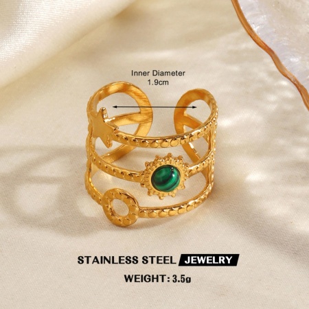 Imagen de Mujeres Regalo Sol Estrella Verde Abierto Ajustable Anillos Al Por Mayor, Chapado en Oro de 18K 304 Acero Inoxidable & Gema, PVD Ecológico Estilo Ins Elegante Suministro de Joyería, 18mm (US Size 7.75), 1 Unidad