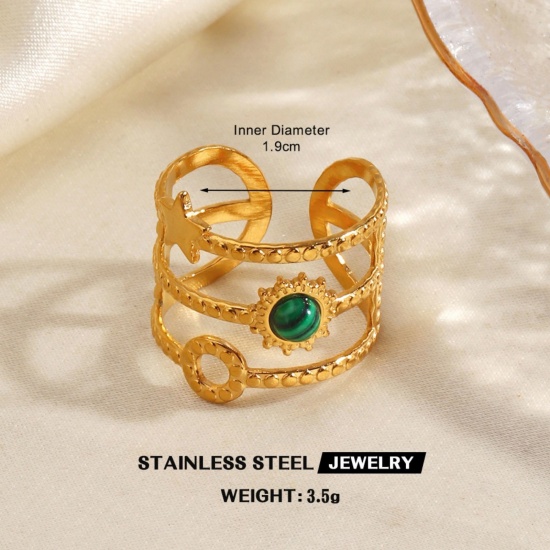 Immagine di Donne Regalo Sole Stella Verde Aperto Regolabile Anello All'Ingrosso, Placcato Oro 18K 304 Acciaio Inossidabile & Gemma, PVD Ecologica Stile Ins Elegante Fornitura di Gioielli, 18mm (taglia di US: 7.75), 1 Pz