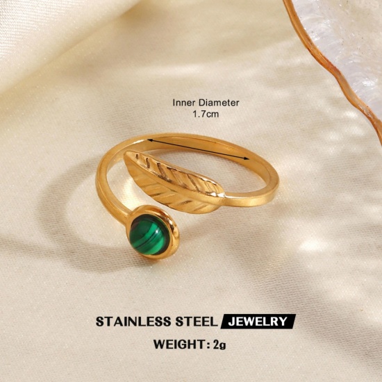 Immagine di Donne Regalo Foglia Verde Aperto Regolabile Anello All'Ingrosso, Placcato Oro 18K 304 Acciaio Inossidabile & Gemma, PVD Ecologica Stile Ins Elegante Fornitura di Gioielli, 18mm (taglia di US: 7.75), 1 Pz