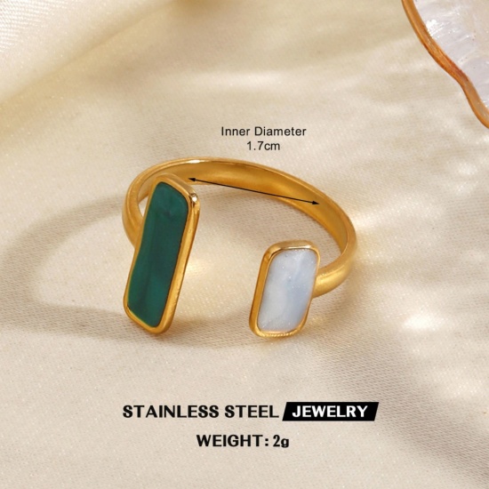 Immagine di Donne Regalo Bianco & Verde Smalto Aperto Regolabile Anello All'Ingrosso, Placcato Oro 18K 304 Acciaio Inossidabile, PVD Ecologica Stile Ins Elegante Fornitura di Gioielli, 18mm (taglia di US: 7.75), 1 Pz