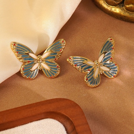 Immagine di Insetto Squisito Orecchini a Perno All'Ingrosso, Farfalla Blu Baglie nel buio Placcato Oro 18K 304 Acciaio Inossidabile, Donne Ecologico Regalo Fornitura di Gioielli, 35mm x 23mm, 1 Paio