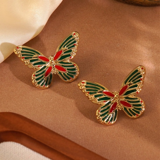 Immagine di Insetto Squisito Orecchini a Perno All'Ingrosso, Farfalla Verde Baglie nel buio Placcato Oro 18K 304 Acciaio Inossidabile, Donne Ecologico Regalo Fornitura di Gioielli, 35mm x 23mm, 1 Paio