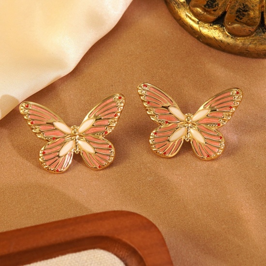 Immagine di Insetto Squisito Orecchini a Perno All'Ingrosso, Farfalla Rosa Baglie nel buio Placcato Oro 18K 304 Acciaio Inossidabile, Donne Ecologico Regalo Fornitura di Gioielli, 35mm x 23mm, 1 Paio