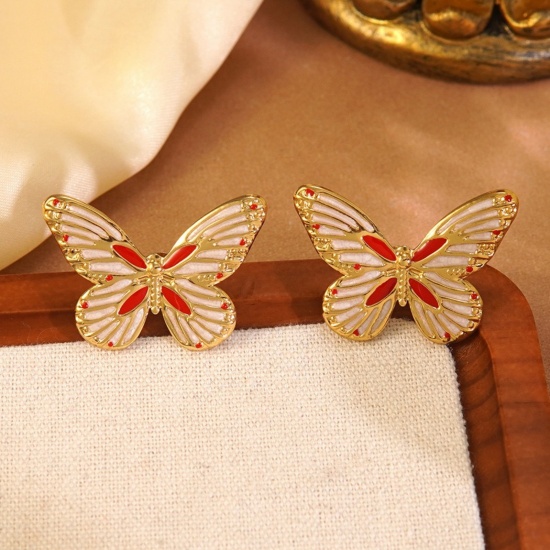 Immagine di Insetto Squisito Orecchini a Perno All'Ingrosso, Farfalla Bianco Baglie nel buio Placcato Oro 18K 304 Acciaio Inossidabile, Donne Ecologico Regalo Fornitura di Gioielli, 35mm x 23mm, 1 Paio