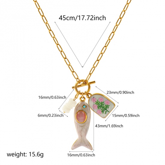 卸売り エナメル ペンダントネックレス、 18Kリアルゴールドメッキ 304ステンレス鋼 + 宝石 ペーパークリップチェーン、 レディース エコフレンドリー PVD 防水 耐変色性の 低アレルギー性の 海ジュエリー ファッション おしゃれ プレゼント小売宝飾 45cm長さ、 1 本 の画像