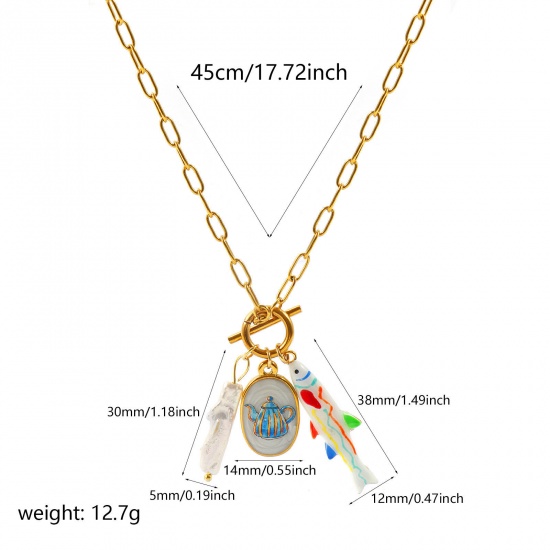 卸売り 魚 ティーポット エナメル ペンダントネックレス、 18Kリアルゴールドメッキ 304ステンレス鋼+天然パール ペーパークリップチェーン、 レディース エコフレンドリー PVD 防水 耐変色性の 低アレルギー性の 海ジュエリー ファッション おしゃれ プレゼント小売宝飾 45cm長さ、 1 本 の画像