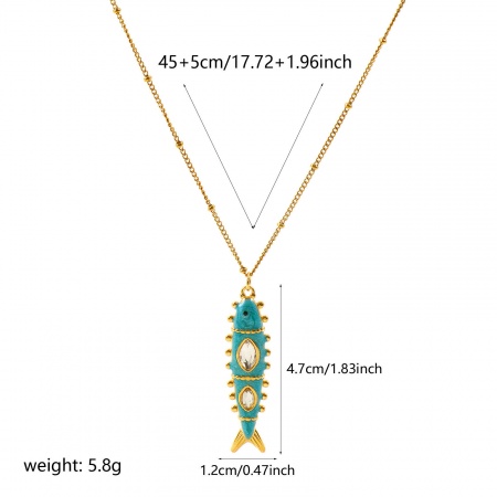 Picture of Wholesale Fish Animal Green Blue Enamel Clear Rhinestone Pendant Charm Necklace, 18K Real Gold Plated 304 Stainless Steel Curb Link Chain, Women's Eco-friendly PVD Waterproof Anti-Tarnish Hypoallergenic Ocean Jewelry Stylish Gift Jewelry For Retailer, 45cm(17.7") + 5cm(2") long, 1 Piece