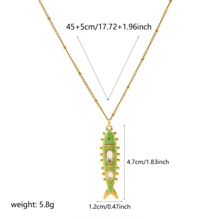 Picture of Wholesale Fish Animal Light Green Enamel Clear Rhinestone Pendant Charm Necklace, 18K Real Gold Plated 304 Stainless Steel Curb Link Chain, Women's Eco-friendly PVD Waterproof Anti-Tarnish Hypoallergenic Ocean Jewelry Stylish Gift Jewelry For Retailer, 45cm(17.7") + 5cm(2") long, 1 Piece