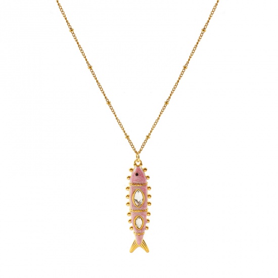 卸売り 魚 薄ピンク エナメル 透明ラインストーン ペンダントネックレス、 18Kリアルゴールドメッキ 304ステンレス鋼 喜平チェーン、 レディース エコフレンドリー PVD 防水 耐変色性の 低アレルギー性の 海ジュエリー ファッション おしゃれ プレゼント小売宝飾 45cm + 5cm長さ、 1 本 の画像
